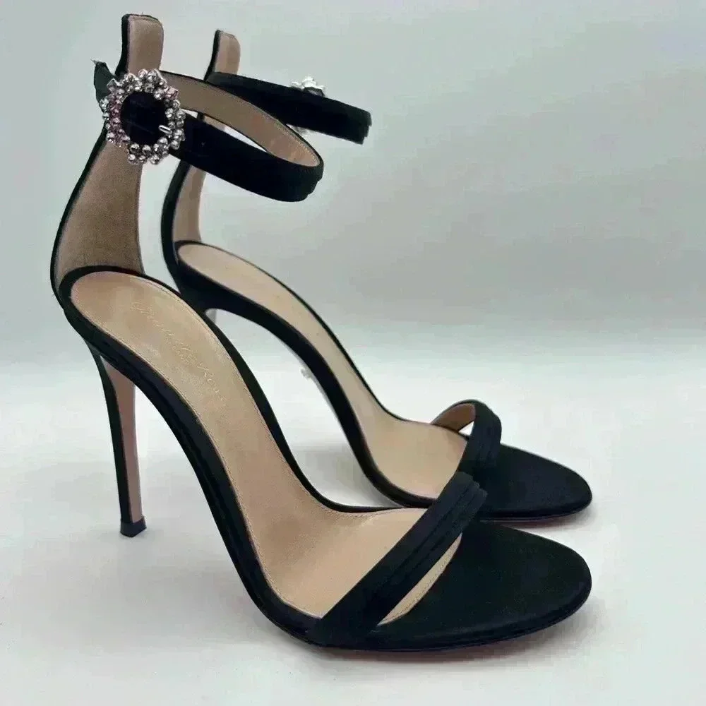 GIANVITO ROSSI Ava Crystal Embellished Satin Sandals Heels Black Size 37 - Picture 2 of 14